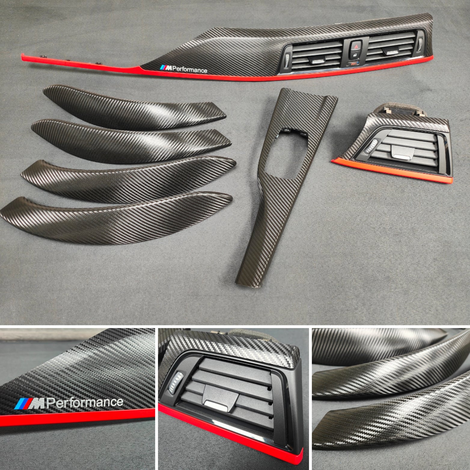BMW F30 F31 F36 INTERIOR TRIM SET - TEXTURED GLOSSY CARBON / RED ACCENT (CUSTOM)