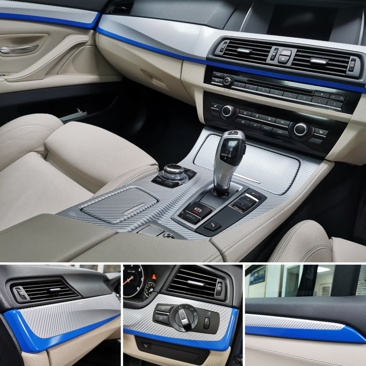 WRAPPING SERVICE - BMW F10 F11 INTERIOR TRIM SET - SILVER 4D CARBON / BLUE ACCENT