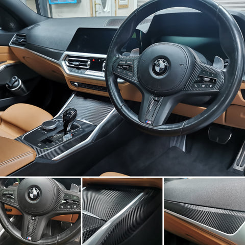 WRAPPING SERVICE - BMW G20 G21 INTERIOR TRIM SET INC. STEERING WHEEL TRIM - DEEP TEXTURED GLOSSY BLACK CARBON (MTD-TEX)
