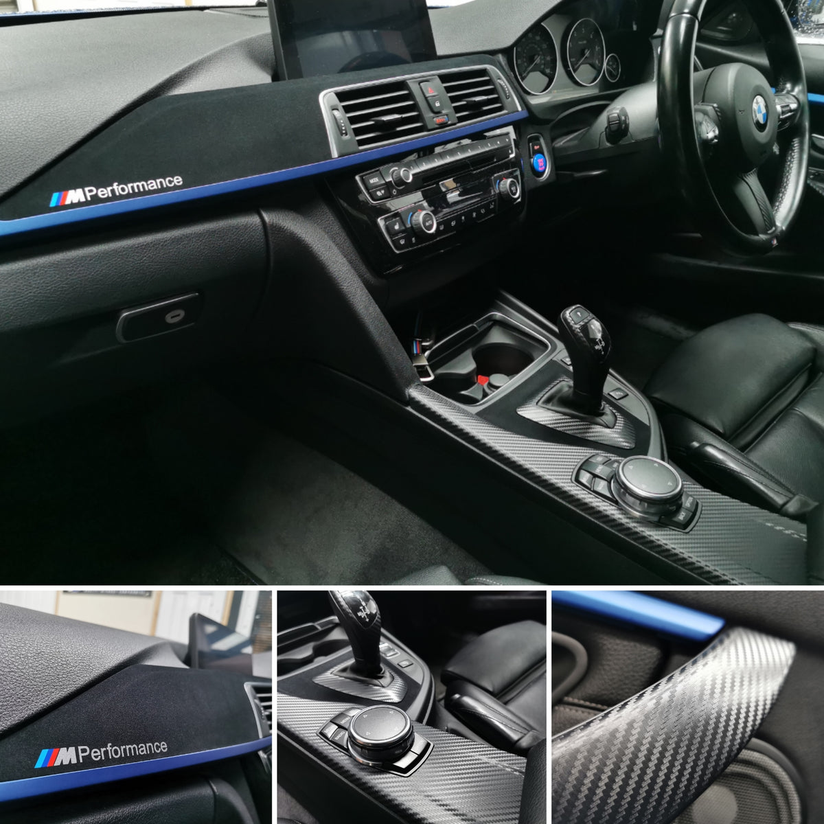 WRAPPING SERVICE - BMW F3X INTERIOR TRIM SET - 3D CARBON / ALCANTARA / BLUE ACCENT - (F30 F31 F32 F33 F36)