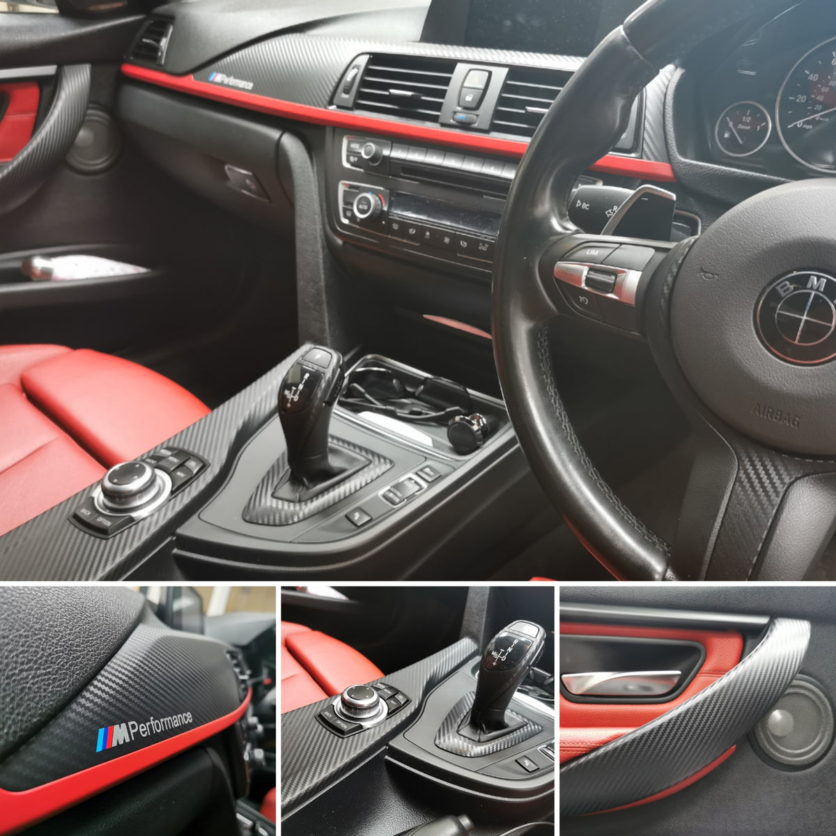 WRAPPING SERVICE - BMW F3X INTERIOR TRIM SET - 3D CARBON / RED ACCENT (F30 F31 F32 F33 F36)