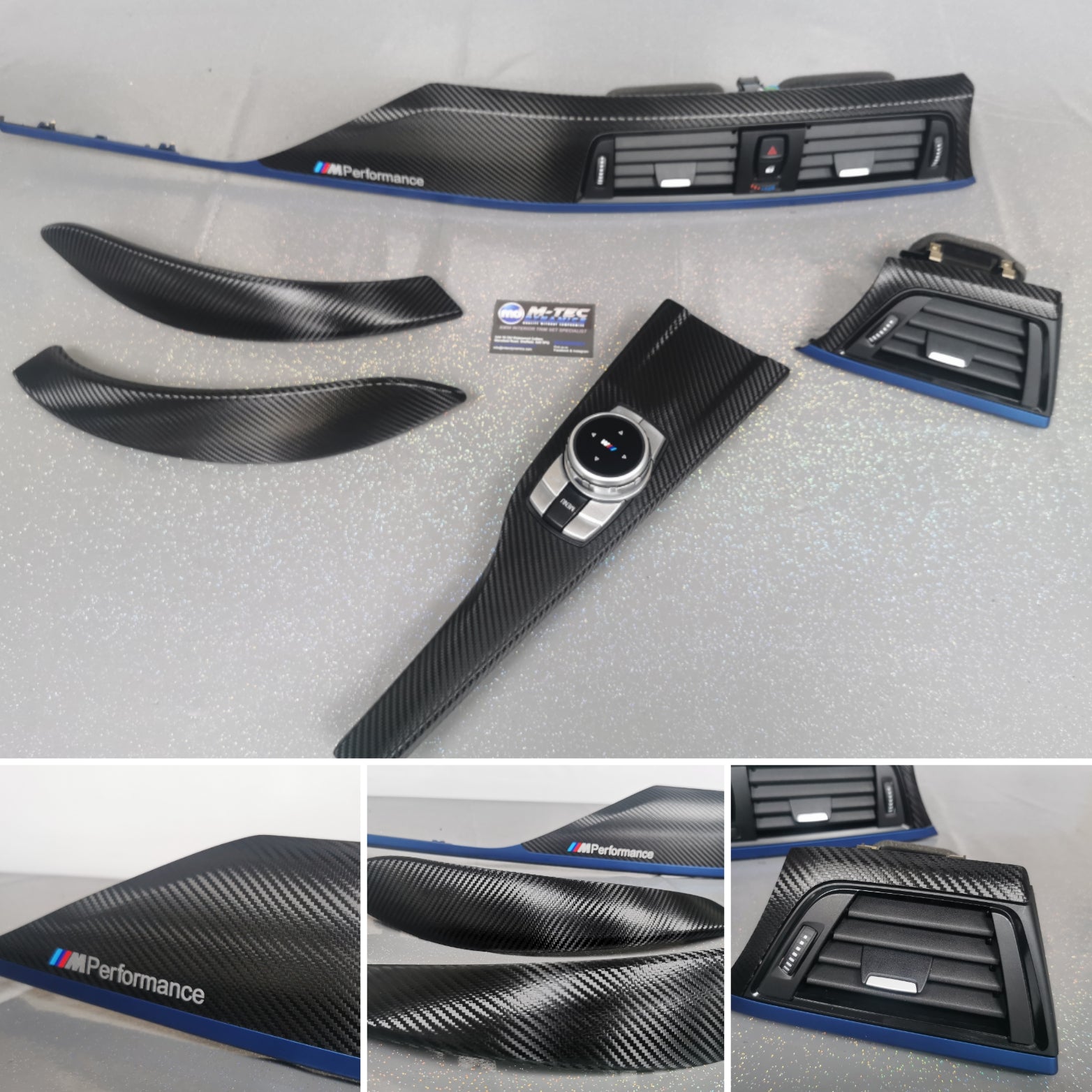 BMW F32 F82 4-SERIES COUPE INTERIOR TRIM SET - DEEP TEXTURED GLOSSY CARBON / BLUE ACCENT (MTD-TEX)