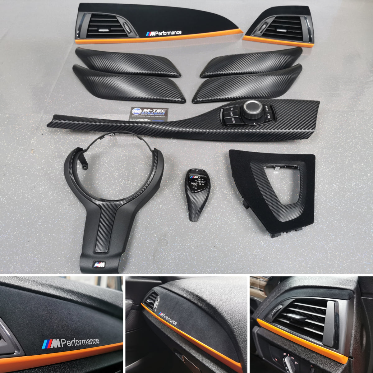 WRAPPING SERVICE - BMW F20 F21 F22 F23 CUSTOM INTERIOR TRIM SET - 3D CARBON / ALCANTARA / ORANGE ACCENT