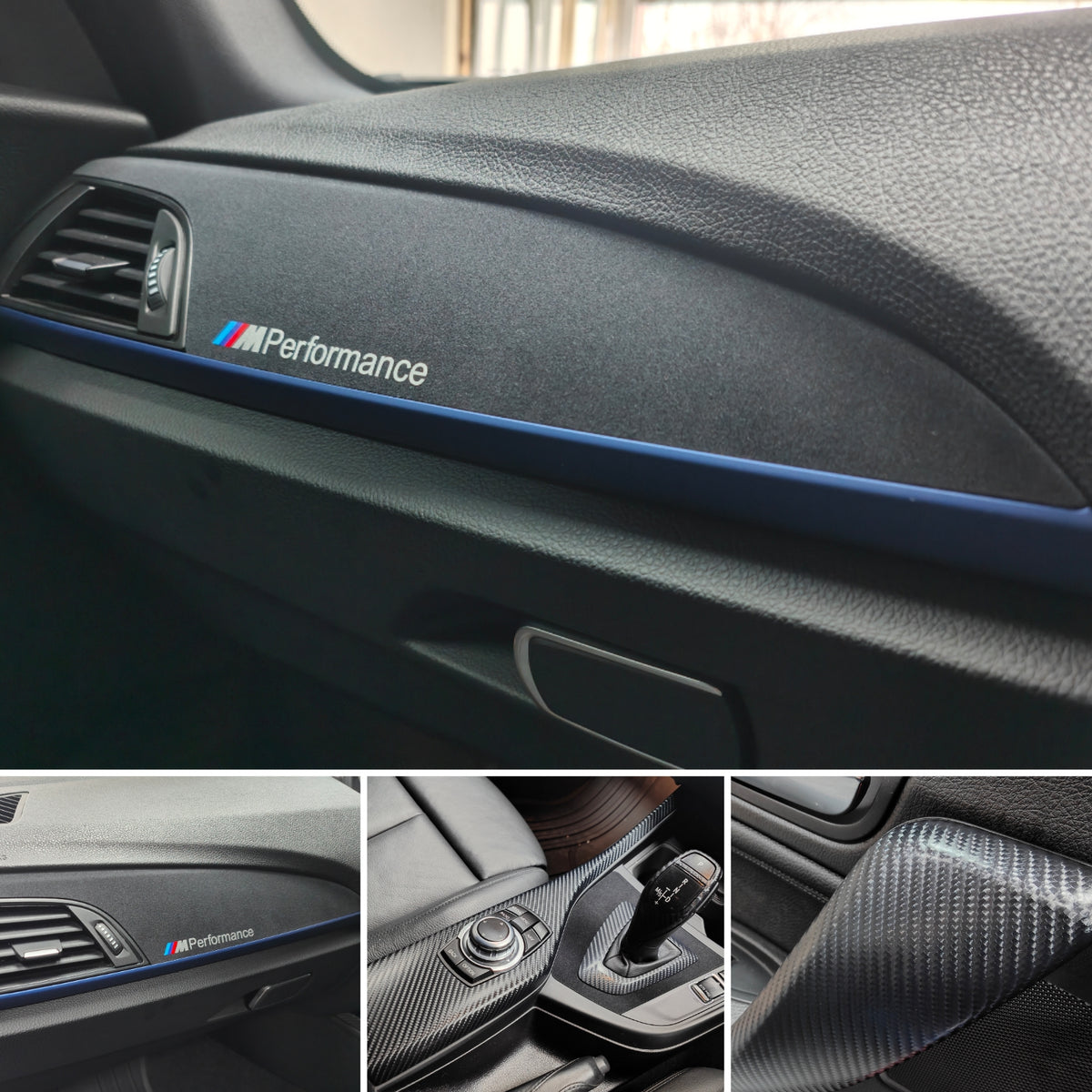WRAPPING SERVICE - BMW F20 F21 F22 F23 CUSTOM INTERIOR TRIM SET - 4D CARBON / ALCANTARA / BLUE ACCENT