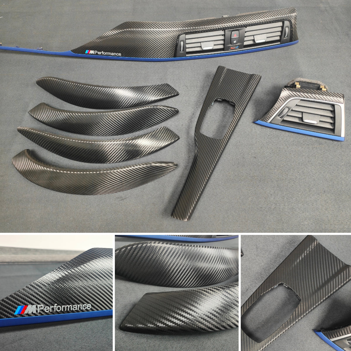 BMW F30 F31 F36 F80 LCI INTERIOR TRIM SET - TEXTURED CARBON / BLUE ACCENT