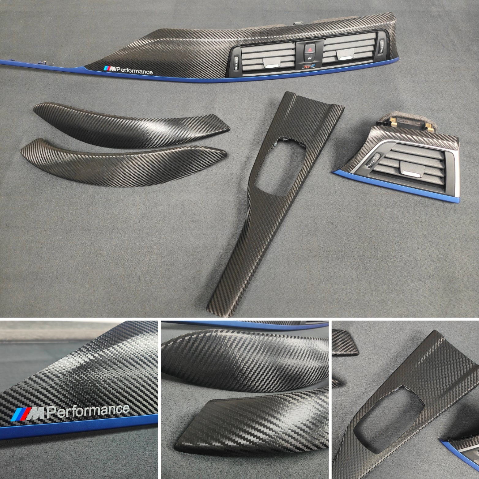 BMW F32 F82 4-SERIES COUPE LCI INTERIOR TRIM SET - DEEP TEXTURED GLOSSY CARBON / BLUE ACCENT (MTD-TEX)
