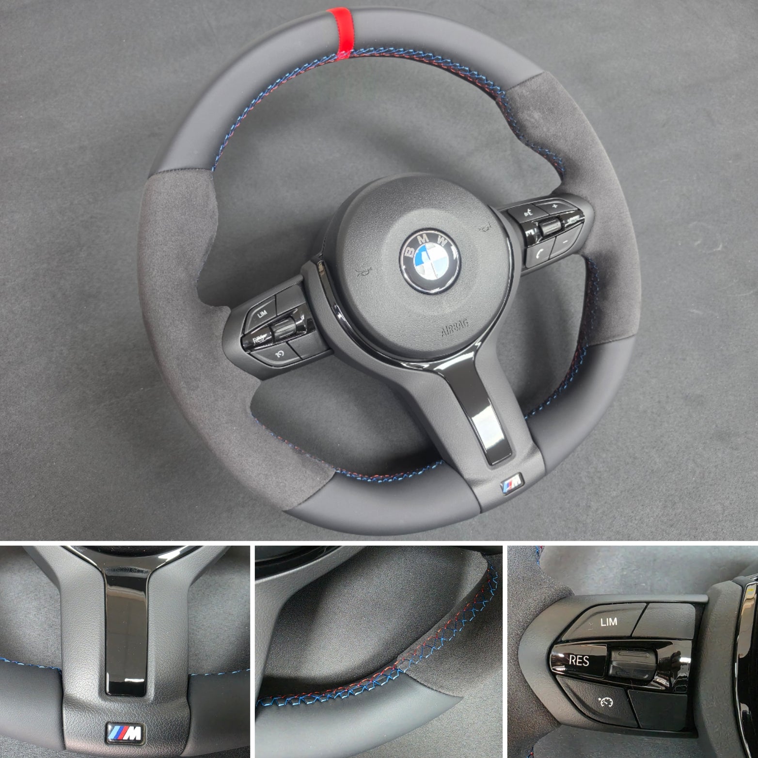 BMW F-SERIES (MANUAL) NAPPA LEATHER TRI-STITCH / ALCANTARA / RED RING STEERING WHEEL - BMW 1 2 3 4 5 X SERIES