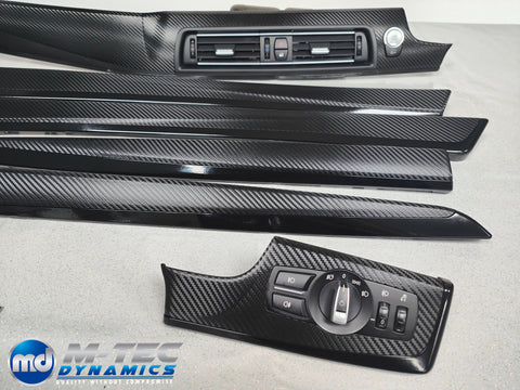 BMW F10 F11 AUTO INTERIOR TRIM SET - DEEP TEXTURED GLOSSY BLACK CARBON / BLACK ACCENT (MTD-TEX)