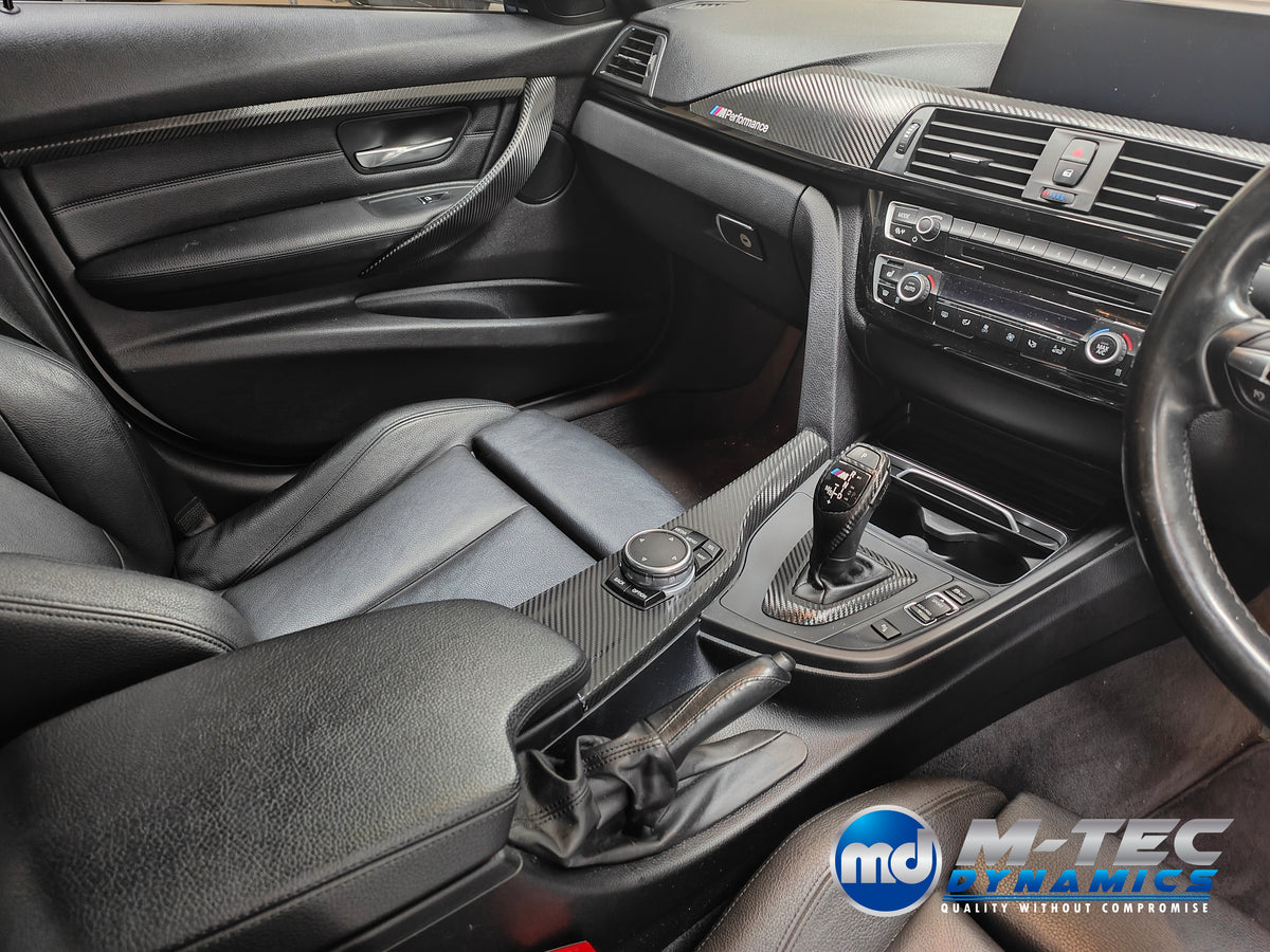 WRAPPING SERVICE - BMW F3X INTERIOR TRIM SET - TEXTURED CARBON / GLOSS BLACK ACCENT - (F30 F31 F32 F33 F36)