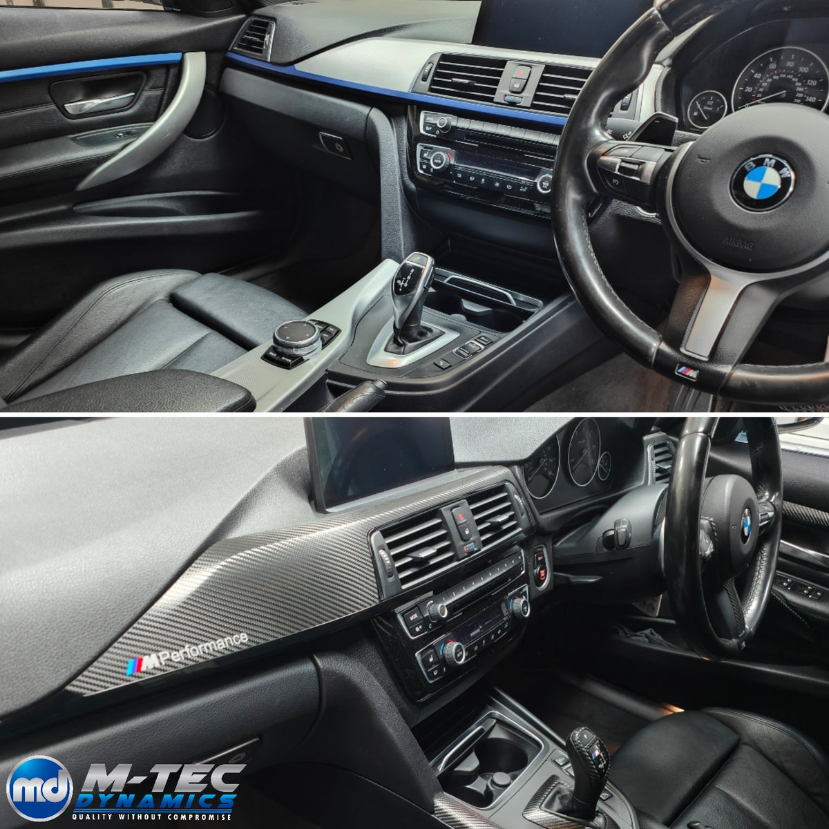 WRAPPING SERVICE - BMW F3X INTERIOR TRIM SET - TEXTURED CARBON / GLOSS BLACK ACCENT - (F30 F31 F32 F33 F36)