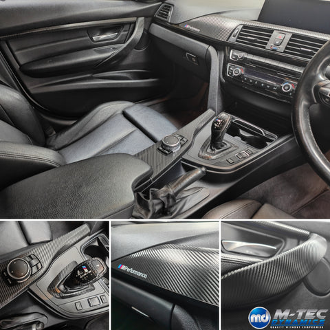 WRAPPING SERVICE - BMW F3X INTERIOR TRIM SET - DEEP TEXTURED GLOSSY CARBON / GLOSS BLACK ACCENT (MTD-TEX) - F30 F31 F32 F33 F36