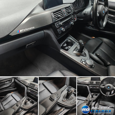 WRAPPING SERVICE - BMW F3X INTERIOR TRIM SET - DEEP TEXTURED GLOSSY CARBON / GLOSS BLACK ACCENT (MTD-TEX) - F30 F31 F32 F33 F36