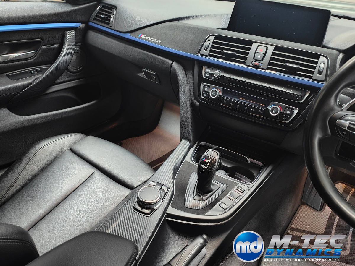 WRAPPING SERVICE - BMW F3X INTERIOR TRIM SET - 3D CARBON / ALCANTARA / BLUE ACCENT - (F30 F31 F32 F33 F36)