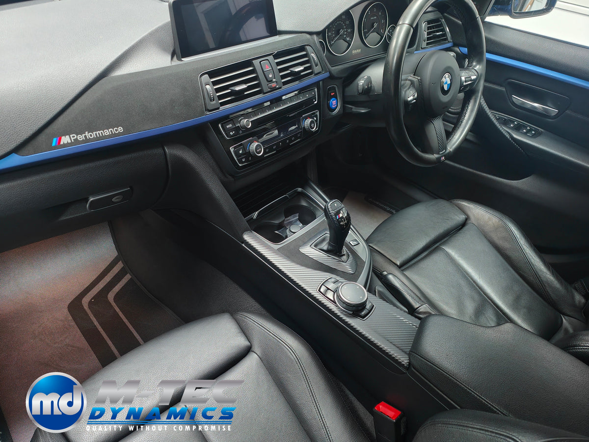WRAPPING SERVICE - BMW F3X INTERIOR TRIM SET - 3D CARBON / ALCANTARA / BLUE ACCENT - (F30 F31 F32 F33 F36)