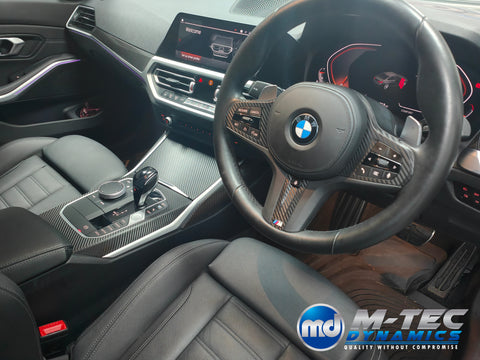 WRAPPING SERVICE - BMW G20 G21 INTERIOR TRIM SET INC. STEERING WHEEL TRIM - DEEP TEXTURED GLOSSY BLACK CARBON (MTD-TEX)