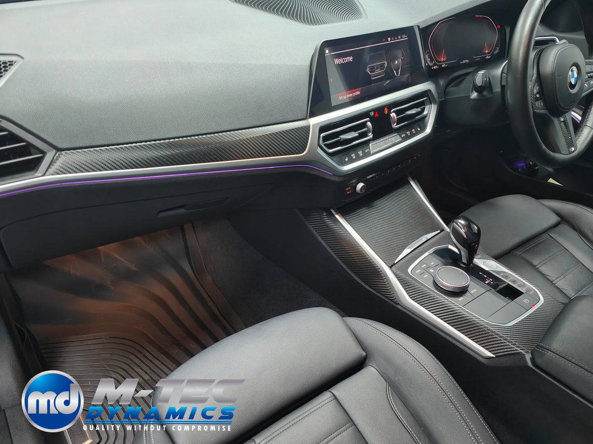 WRAPPING SERVICE - BMW G20 G21 G22 / G26 GC INTERIOR TRIM SET INC. STEERING WHEEL TRIM - DEEP TEXTURED GLOSSY BLACK CARBON (MTD-TEX)