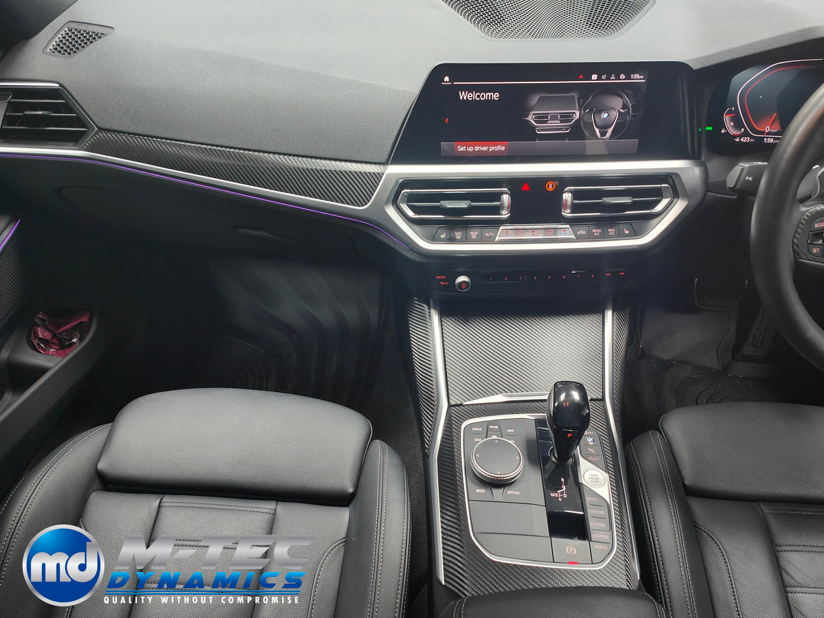 WRAPPING SERVICE - BMW G20 G21 G22 / G26 GC INTERIOR TRIM SET INC. STEERING WHEEL TRIM - DEEP TEXTURED GLOSSY BLACK CARBON (MTD-TEX)