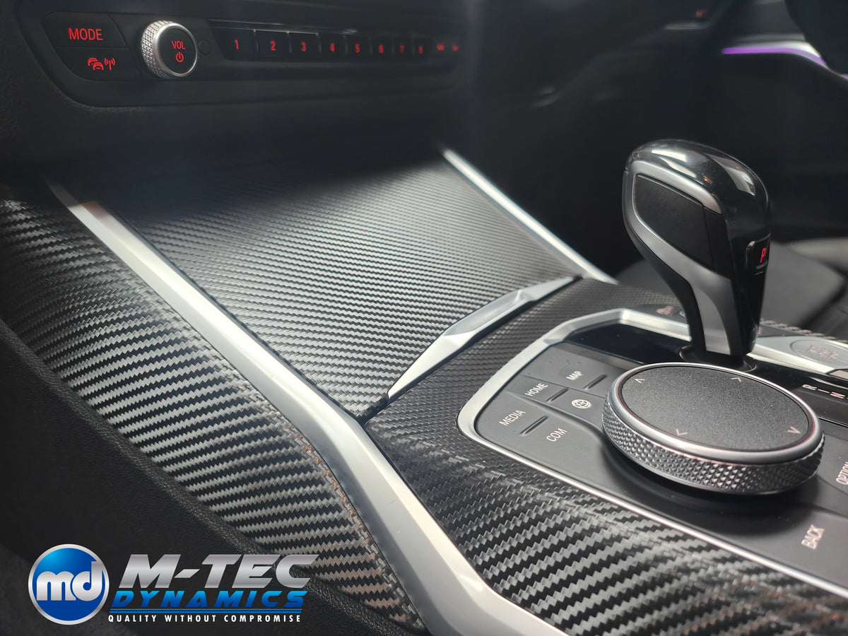 WRAPPING SERVICE - BMW G20 G21 G22 / G26 GC INTERIOR TRIM SET INC. STEERING WHEEL TRIM - DEEP TEXTURED GLOSSY BLACK CARBON (MTD-TEX)