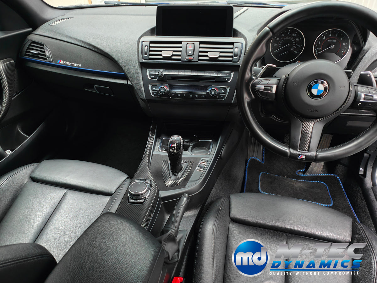 WRAPPING SERVICE - BMW F20 F21 F22 F23 CUSTOM INTERIOR TRIM SET - TEXTURED CARBON / ALCANTARA / BLUE ACCENT