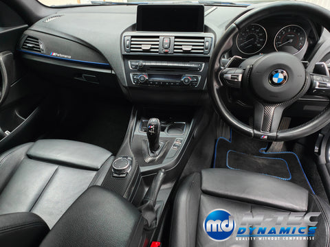 BMW F20 F21 F22 F23 CUSTOM INTERIOR TRIM SET - WRAPPING SERVICE - TEXTURED CARBON / ALCANTARA / BLUE ACCENT