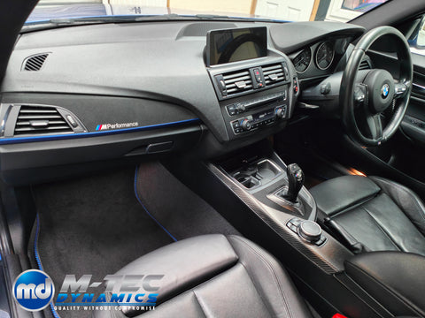 BMW F20 F21 F22 F23 CUSTOM INTERIOR TRIM SET - WRAPPING SERVICE - TEXTURED CARBON / ALCANTARA / BLUE ACCENT