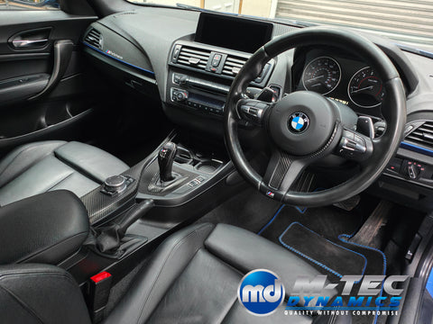 BMW F20 F21 F22 F23 CUSTOM INTERIOR TRIM SET - WRAPPING SERVICE - TEXTURED CARBON / ALCANTARA / BLUE ACCENT