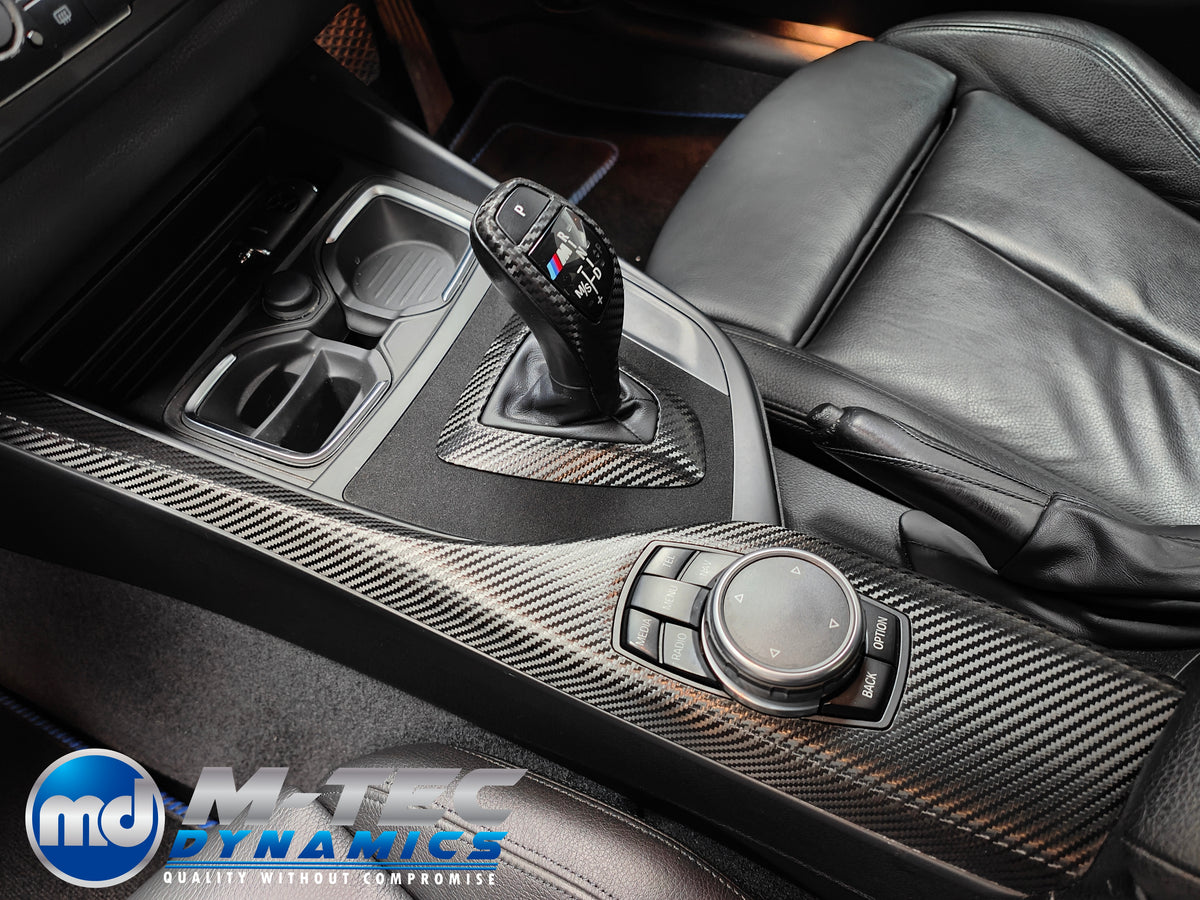 WRAPPING SERVICE - BMW F20 F21 F22 F23 CUSTOM INTERIOR TRIM SET - TEXTURED CARBON / ALCANTARA / BLUE ACCENT