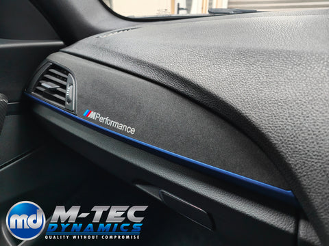 BMW F20 F21 F22 F23 CUSTOM INTERIOR TRIM SET - WRAPPING SERVICE - TEXTURED CARBON / ALCANTARA / BLUE ACCENT