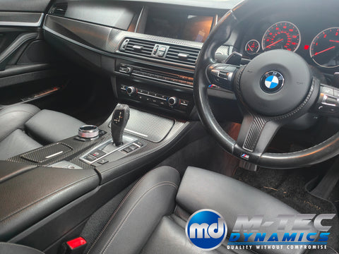 WRAPPING SERVICE - BMW F10 F11 INTERIOR TRIM SET INC GEAR SHIFTER & STEERING TRIM - DEEP TEXTURED GLOSSY BLACK CARBON (MTD-TEX)