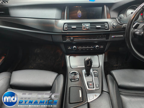 WRAPPING SERVICE - BMW F10 F11 INTERIOR TRIM SET INC GEAR SHIFTER & STEERING TRIM - DEEP TEXTURED GLOSSY BLACK CARBON (MTD-TEX)