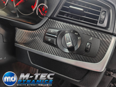 WRAPPING SERVICE - BMW F10 F11 INTERIOR TRIM SET INC GEAR SHIFTER & STEERING TRIM - DEEP TEXTURED GLOSSY BLACK CARBON (MTD-TEX)