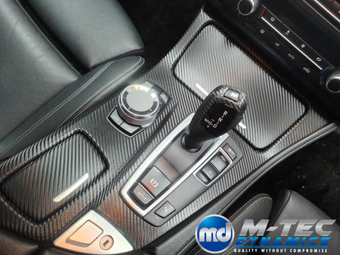 WRAPPING SERVICE - BMW F10 F11 INTERIOR TRIM SET INC GEAR SHIFTER & STEERING TRIM - DEEP TEXTURED GLOSSY BLACK CARBON (MTD-TEX)