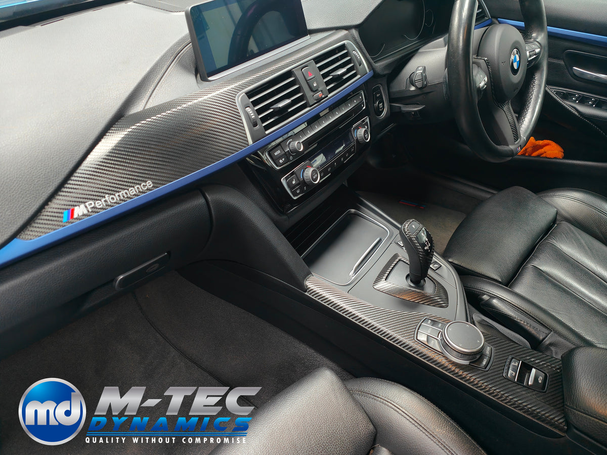 WRAPPING SERVICE - BMW F3X INTERIOR TRIM SET - TEXTURED CARBON / BLUE ACCENT - (F30 F31 F32 F33 F36)