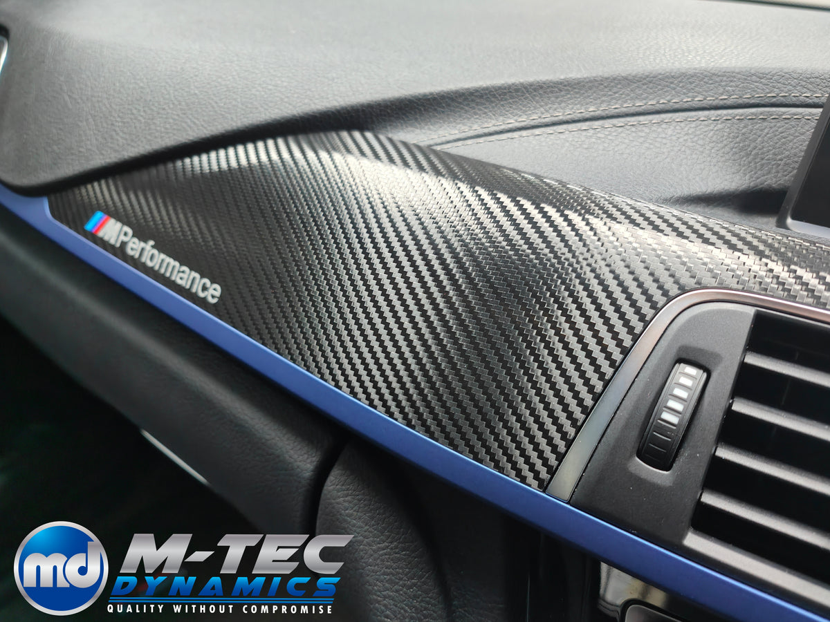 WRAPPING SERVICE - BMW F3X INTERIOR TRIM SET - TEXTURED CARBON / BLUE ACCENT - (F30 F31 F32 F33 F36)
