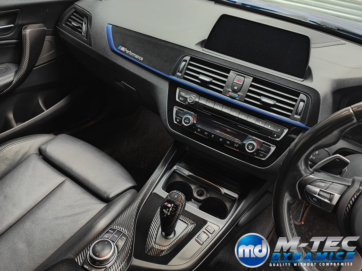 WRAPPING SERVICE - BMW F20 F21 F22 F23 LCI-2 CUSTOM INTERIOR TRIM SET - TEXTURED CARBON / BLUE ACCENT