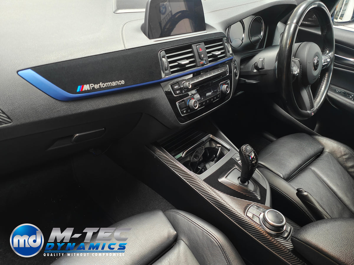 WRAPPING SERVICE - BMW F20 F21 F22 F23 LCI-2 CUSTOM INTERIOR TRIM SET - TEXTURED CARBON / BLUE ACCENT