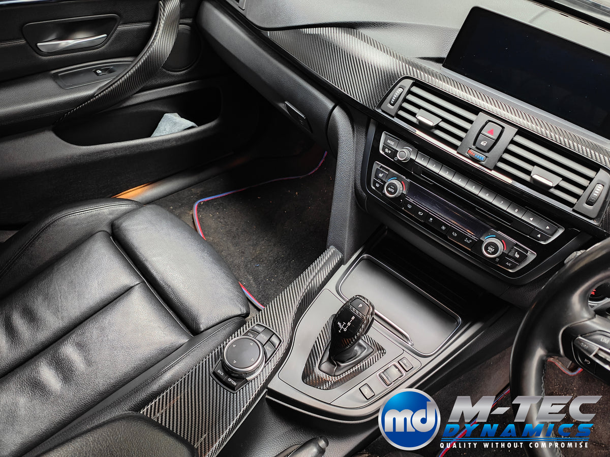 WRAPPING SERVICE - BMW F3X INTERIOR TRIM SET - TEXTURED CARBON / GLOSS BLACK ACCENT - (F30 F31 F32 F33 F36)