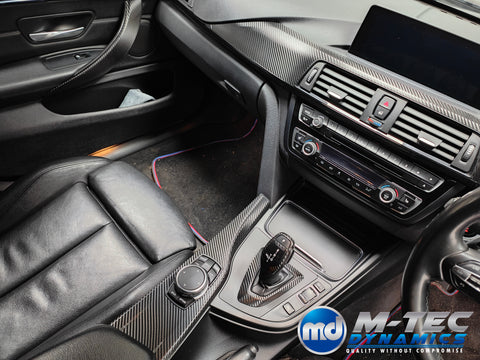WRAPPING SERVICE - BMW F3X INTERIOR TRIM SET - DEEP TEXTURED GLOSSY CARBON / GLOSS BLACK ACCENT (MTD-TEX) - F30 F31 F32 F33 F36