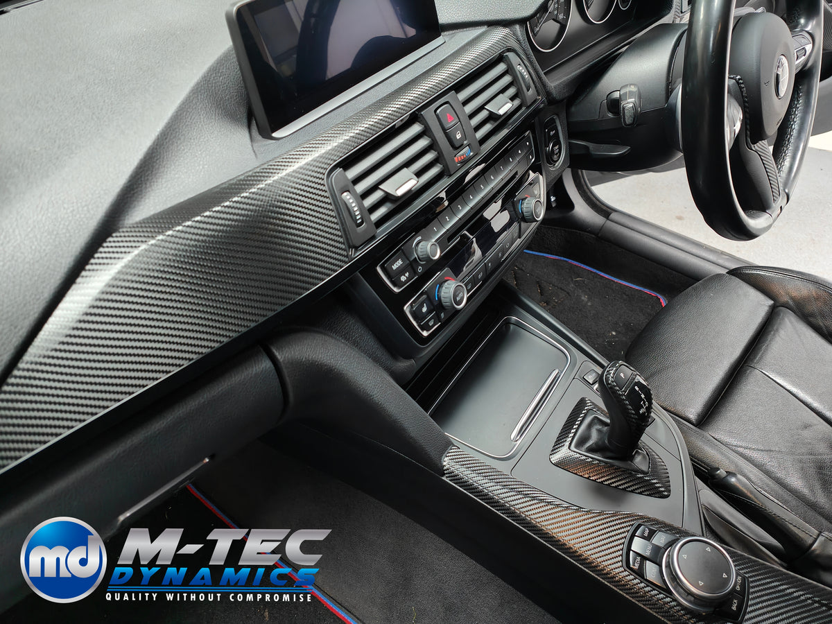 WRAPPING SERVICE - BMW F3X INTERIOR TRIM SET - TEXTURED CARBON / GLOSS BLACK ACCENT - (F30 F31 F32 F33 F36)