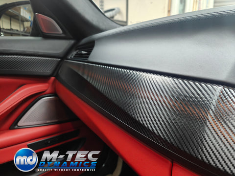 WRAPPING SERVICE - BMW F10 F11 M5 INTERIOR TRIM SET - DEEP TEXTURED GLOSSY BLACK CARBON / CUSTOM COLOUR ACCENT TRIM