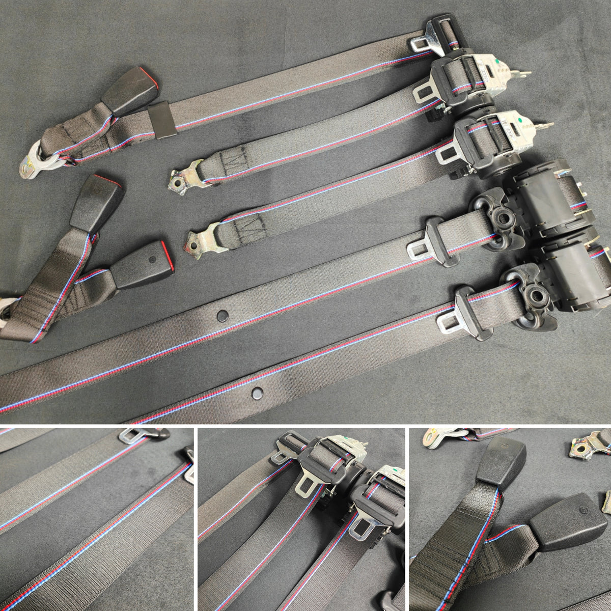 BMW E46 COUPE CUSTOM COMPETITION STYLE TRI-COLOUR COMPLETE FRONT & REAR FULL SEAT BELT SET