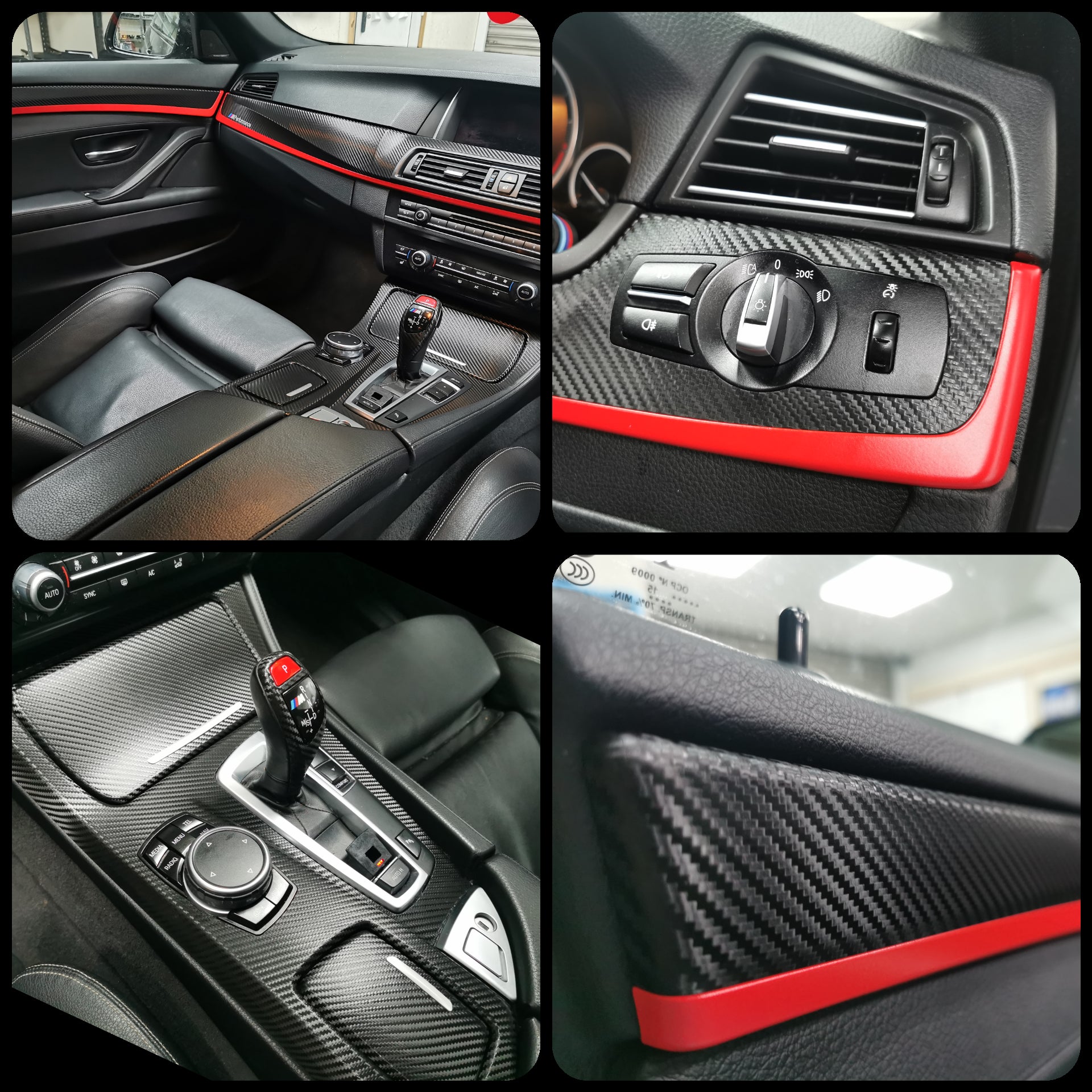 WRAPPING SERVICE - BMW F10 F11 INTERIOR TRIM SET - DEEP TEXTURED GLOSSY BLACK CARBON / CUSTOM COLOUR ACCENT TRIM