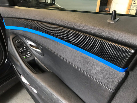 BMW F10 F11 M5 CUSTOM INTERIOR TRIM SET SERVICE - 4D CARBON / BLUE ACCENT