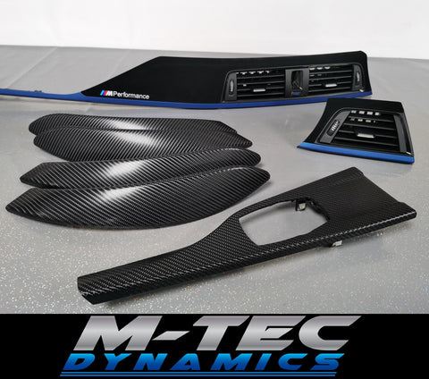 BMW F30 F31 F36 F80 M3 CUSTOM INTERIOR TRIM SET - 4D CARBON / ALCANTARA STYLE  / BLUE ACCENT