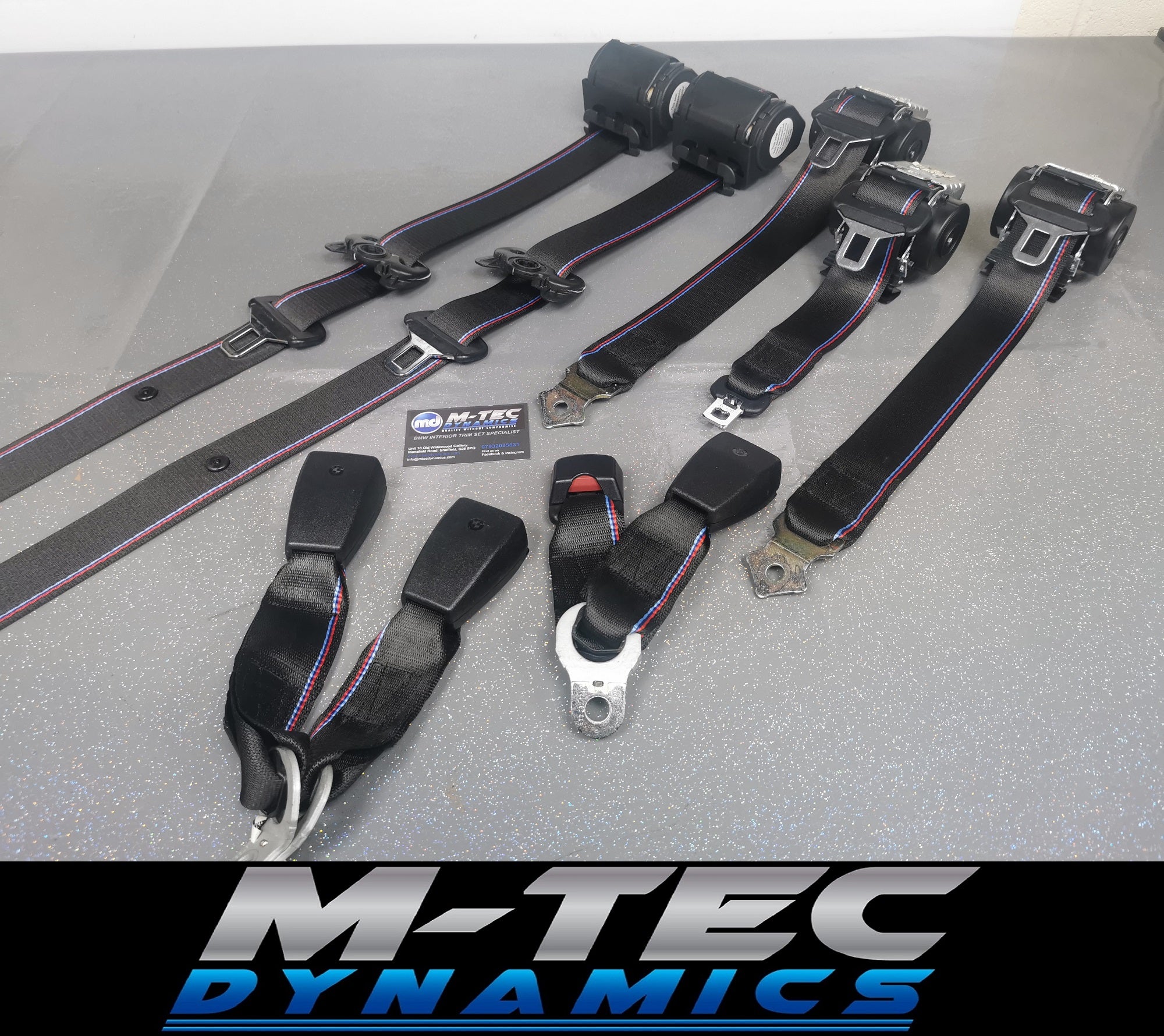 BMW E46 COUPE CUSTOM COMPETITION STYLE TRI-COLOUR COMPLETE FRONT & REAR FULL SEAT BELT SET