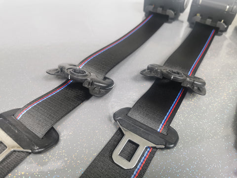 BMW E46 COUPE CUSTOM COMPETITION STYLE TRI-COLOUR COMPLETE FRONT & REAR FULL SEAT BELT SET