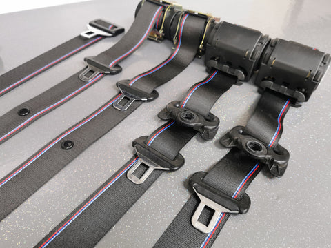 BMW E46 COUPE CUSTOM COMPETITION STYLE TRI-COLOUR COMPLETE FRONT & REAR FULL SEAT BELT SET