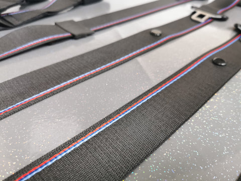 BMW E46 COUPE CUSTOM COMPETITION STYLE TRI-COLOUR COMPLETE FRONT & REAR FULL SEAT BELT SET