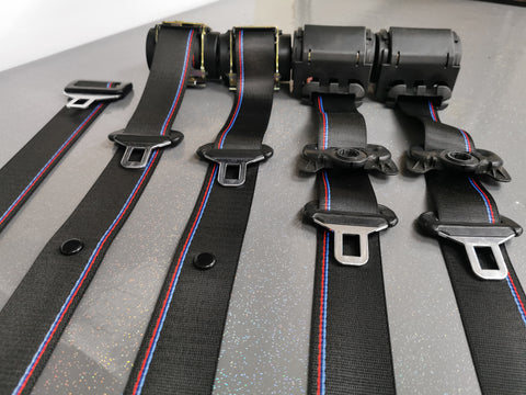 BMW E46 COUPE CUSTOM COMPETITION STYLE TRI-COLOUR COMPLETE FRONT & REAR FULL SEAT BELT SET