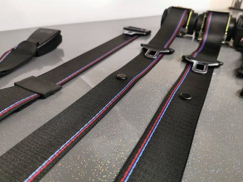 BMW E46 COUPE CUSTOM COMPETITION STYLE TRI-COLOUR COMPLETE FRONT & REAR FULL SEAT BELT SET